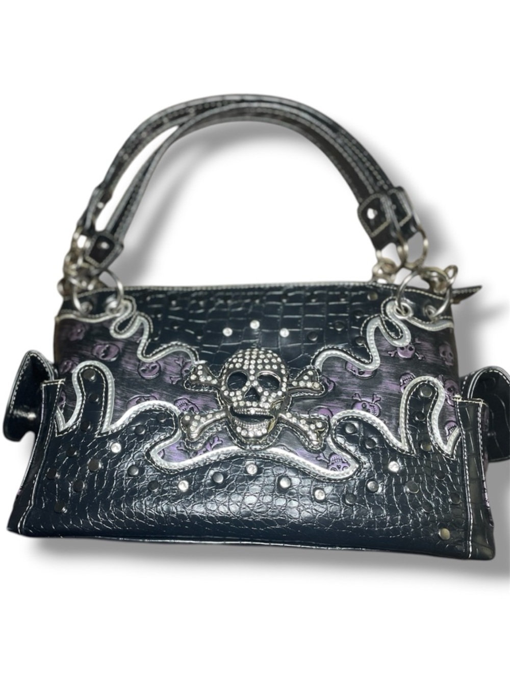 Justin West Rhinestone Skull Western Carry Handbag Purse Black Purple Studded
